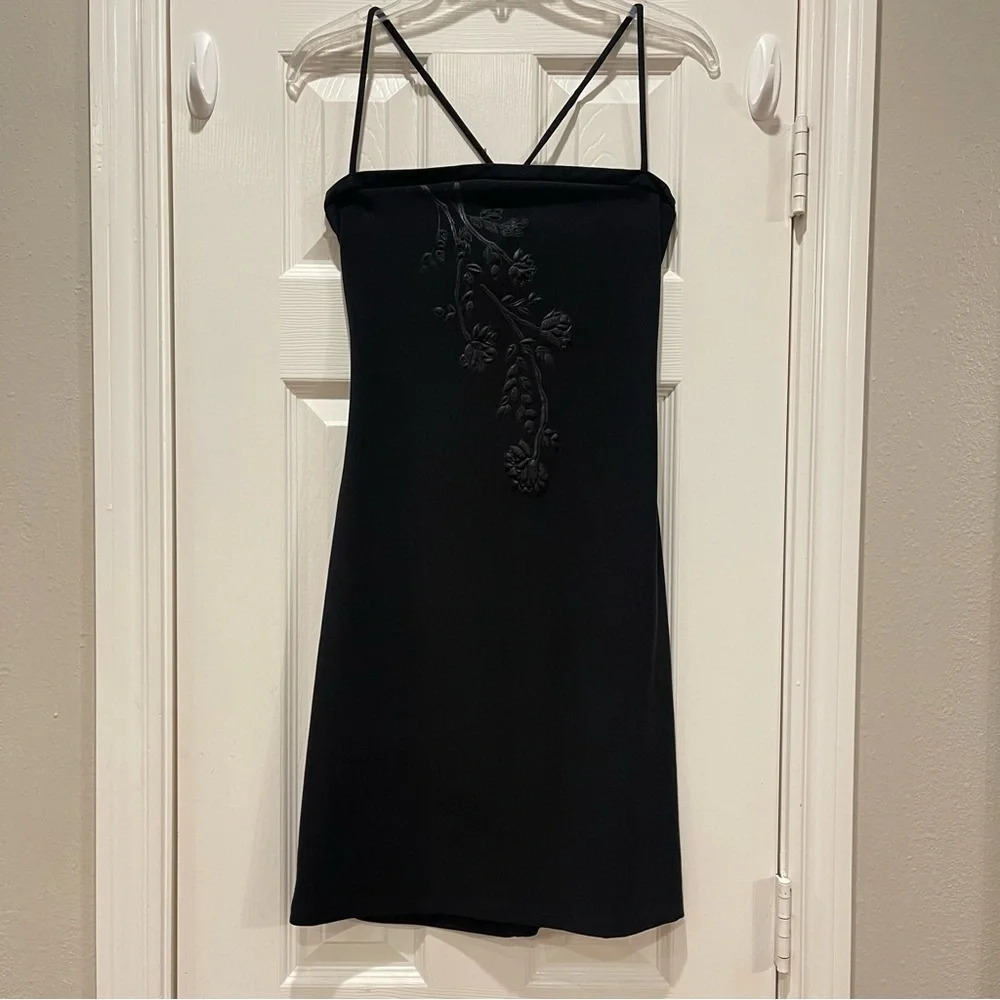 90s Y2K PerSeption Dress Women's Med Black Spaghetti Strap Embossed Floral Goth